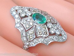 ESTATE ART DECO 2.25ctw DIAMOND & OVAL EMERALD PLATINUM STATEMENT COCKTAIL RING