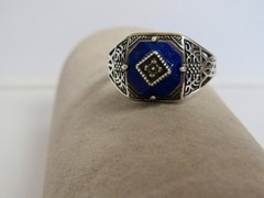Antique Carved LAPIS LAZULI & Sterling Silver RING Size 9.5, 13mm Wide Filigree
