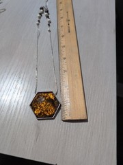 Silver Tone Hexagon Amber Foil Glass Pendant Necklace Boho Artisan Beaded