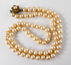 Vintage Miriam Haskell Faux Pearl Necklace Strand Brass Tone Clasp Classic