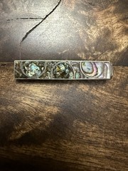 Vintage Silver or Alpaca Silver Tie Bar w/ Circle Pattern & Abalone Inlay, 2.5”