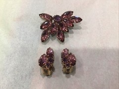 Vintage Purple Marquise and Round Rhinestone Brooch Pin and Earings Set