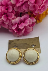 Vintage Monet Gold-Tone Cream Lucite Cabochon Clip-On Earrings 24mm