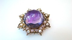 🌟Large Antique 8K Gold Amethyst w Pearls Pin & Faceted Dome-Shaped Stone