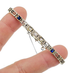 DECO Vintage 14k Solid White Gold Diamond Blue Sapphire Filigree Bracelet 7.25 “