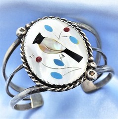Vintage Zuni WOODPECKER Multi-Stone Flush Inlay Sterling Silver Cuff Bracelet