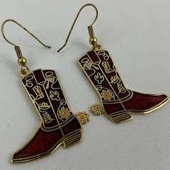 Cloisonné Red Cowboy Boots Drop Dangle Enamel Earrings Cowgirl Chic Vintage