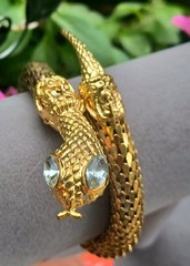 Vintage 70’s Goldtone Brass Mesh Coil Snake Bracelet Rhinestone eyes