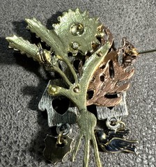 Tri-Colored Birdhouse Brooch Pin Sunflower Leaves Dangling Birds Fall Vintage
