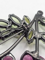 Double Flower Pink And Green Lucite Brooch, Black (Japaned) Colored Metal