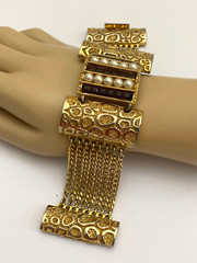 Vintage LUCIEN PICCARD Bracelet Rich Gold Faux Pearl Purple Glass CHANNEL SET