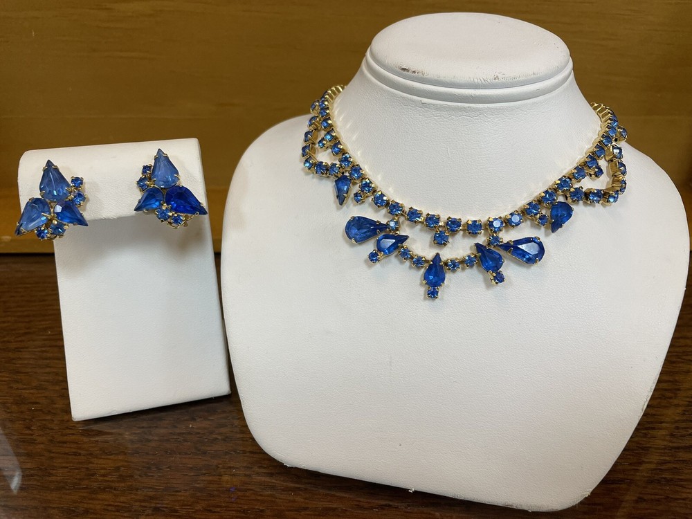 Vintage La Roco Blue Rhinestone Glam Choker Necklace And Earrings Set
