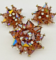 Vtg Smoky Quartz Amber AB Rhinestone 3D Pyramid MCM Geometric Brooch Earring Set