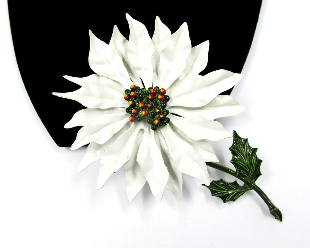 Vintage Enameled Metal White Poinsettia Flower Brooch Christmas Holiday 5”