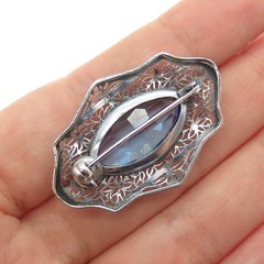 Silver-Tone Antique Art Deco Blue Rhinestone Filigree Pin Brooch