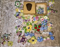 Vtg Jewelry Lot Signed English Fine Bone China Flower Art Brooch Earring Garden