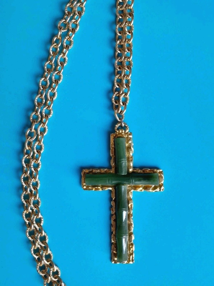 Vintage Signed SWOBODA Likely Jade Cross Pendant Chain Necklace Large 2.5in