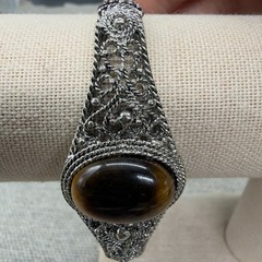 Vintage Bracelet Filigree Silver Tone Tiger Eye Center Stone Adjustable
