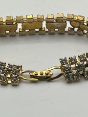 Vintage Estate Gold Tone Clear Rhinestone Fold Over Clasp Bracelet 7”