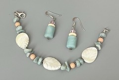 VTG SX 925 Sterling-Carved MOP-Pale Blue-Peach Stone Bracelet Wire Earring Set
