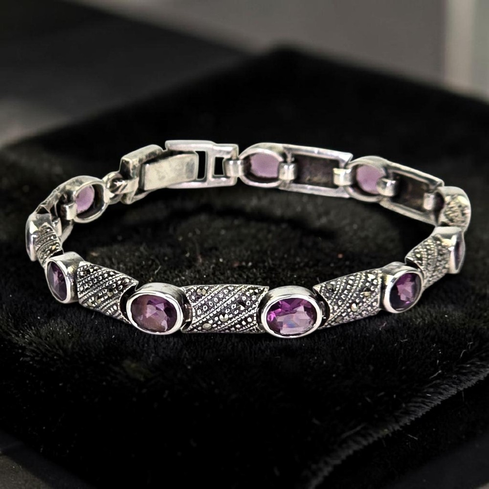 Vintage Sterling Silver Amethyst Marcasite Gemstone Art Deco Link Bracelet