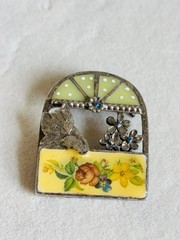 Vintage Kenneth Cole KC Sleeping Cat Window Brooch Enamel Floral Rhinestone Pin
