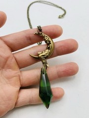 Vintage Art Nouveau Style Bronze Crescent Moon Goddess Green Drop-down Necklace