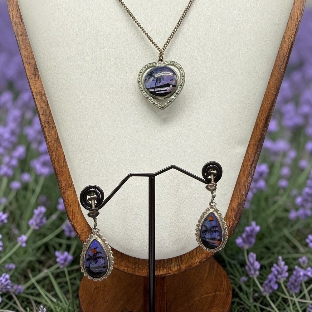 Sterling Silver Blue Morpho Butterfly Wing Earrings & Reversible Necklace Vtg