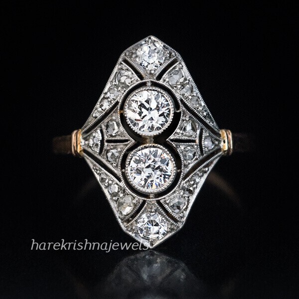 2CT Round Lab-Created Diamond Vintage Art Deco Antique Ring 14K 2-Tone Gold Over