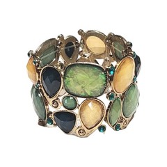 VTG Shades of Green & Yellow Shimmering Faux Opal Stretch Cuff Bracelet 6.5″