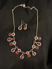Vintage Necklace And Earrings With Red & White Crystals