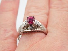 SWEET ANTIQUE 18K SOLID WHITE GOLD DIAMOND RUBY STONE RING