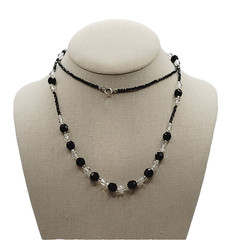 Modern Art Deco Black Clear Cut Crystal Bead Silver Tone Vintage Necklace 31 in