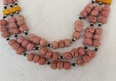 Vintage Pink Clay Bead Multi Strand Bib Necklace Yellow Spacer Bar Tribal Boho
