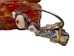 Vintage Tibet/Nepal Sterling Silver Coral Turquoise Inlaid Bone Tribal Bracelet