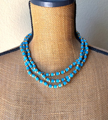 1920s Art Deco Czech Turquoise Glass Bead & Brass Necklace 56″ Flapper Strand