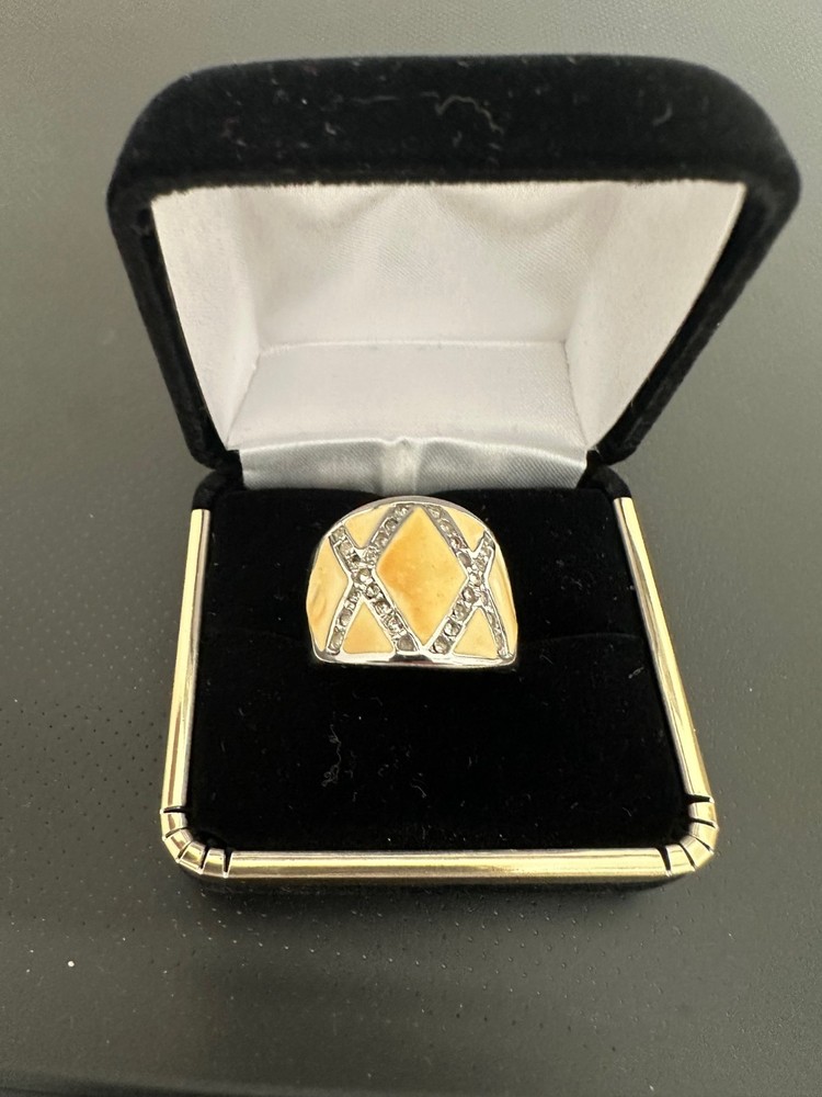 Vintage Art Deco 18KT H.G.E. Rhinestone Yellow Enamel Wide Band Ring Size 7.5-8.