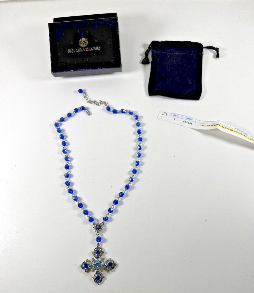 AVON DEALERS ESTATE NEW! RJ GRAZIANO BLUE Crystal Maltese Cross Necklace