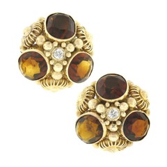 Vintage 14k Gold Garnet Diamond Bead Work Lantern Bombe Button Clip On Earrings