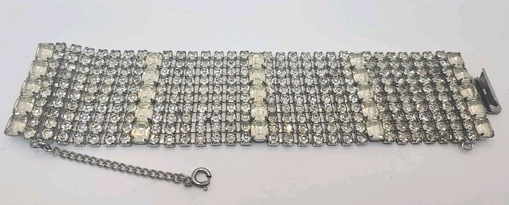 Vintage Wide Multistrand 1940’s Rhinestone Bracelet See Description 7.25″