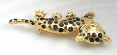 Animal Cub Brooch Cheetah Jaguar Leopard Black Enamel Rhinestone Figural Pin