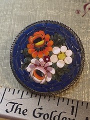 Antique VTG Italian Micro Mosaic Brooch Pin Round Shape &Floral Design Set Glass