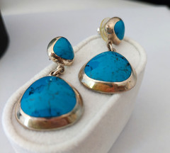 Vtg Mexican Modernist 950 Fine Silver 925 Turquoise Dangle Earrings signed 110
