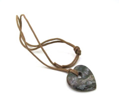 Vintage Green Marble Picasso Jasper Heart Brown Leather Cord Stone Necklace