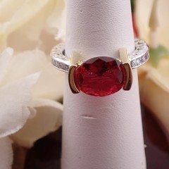 Vintage Tension Set Oval Red Crystal Clear Sides Silver Gold Tone Size 6 Ring
