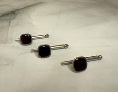 3 Swank Vintage Art Deco Cherry Red Silver Tone Button Links FREE SHIPPING