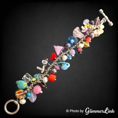 Vintage Artisan Cluster Bead Charm Bracelet Lampwork Glass Pearl Toggle