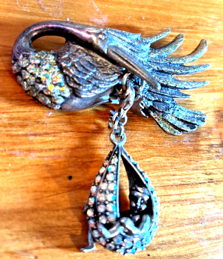 Rare Kirks Folly “Stork and Baby” Brooch Gunmetal AB Crystal Opalite Vintage