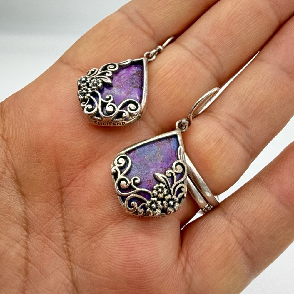 Vtg BBJ Sterling 925 Silver Purple Turquoise Dangle Earrings JTV