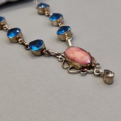 Vintage Glass Bead Necklace Blue Beads Pink Quartz Artisan Silver Tone 18.75″